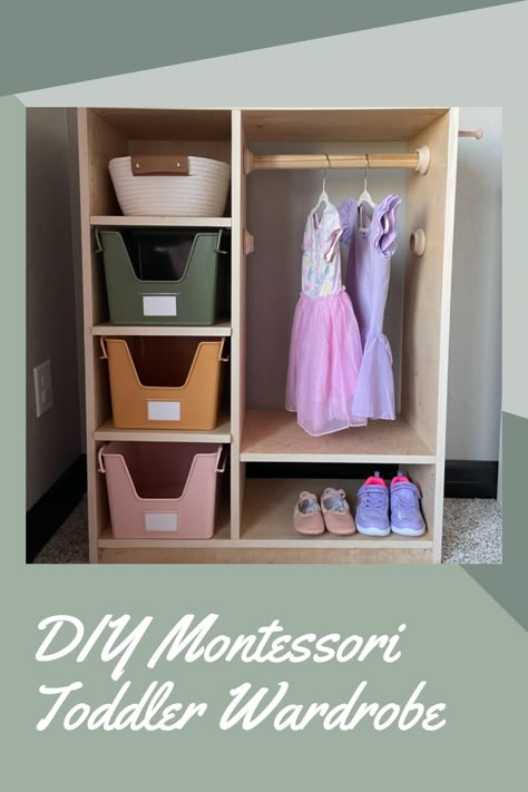 A quick and easy tutorial for a Montessori toddler wardrobe, DIY Montessori furniture, DIY toddler wardrobe, montessori furniture Diy Montessori Dressing Area, Montessori Closet Diy, Diy Nursery Wardrobe, Toddler Wardrobe Montessori, Diy Toddler Furniture, Montessori Clothes Storage, Toddler Dressing Station, Montessori Closet Toddler, Montessori Furniture Diy