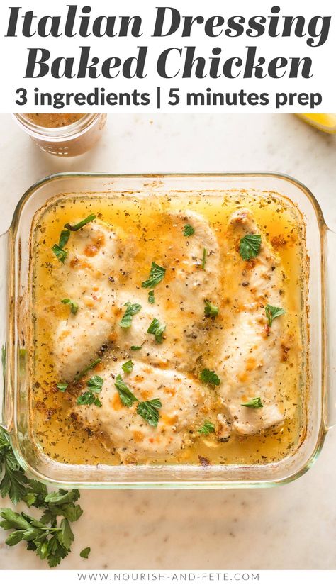 Baked Chicken with Italian dressing is one of the absolute easiest ways to get a home-cooked meal on the table. With 3 ingredients and less than 5 minutes of prep, you could practically make this in your sleep, but you'll never know it when you taste the tender chicken and zippy Italian flavors. So easy and flavorful, you'll LOVE this. Chicken With Italian Dressing, Chicken Breast Italian Dressing, Chicken 3 Ingredients, Italian Chicken Breast, Zesty Italian Chicken, Italian Dressing Chicken, Italian Baked Chicken, Italian Dressing Recipes, Italian Chicken Recipes