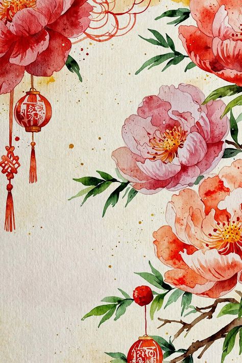 This festive illustration celebrates the Chinese Lunar New Year with vibrant watercolor flowers and traditional red lanterns, all set against a textured paper background. The delicate blooms, paired with the warm glow of the lanterns, create a joyful and harmonious scene. Featuring rich colors like red and gold, symbolizing prosperity and good fortune, the paper texture adds a handcrafted, authentic feel, perfect for greeting cards, festive decorations, or any artwork celebrating the Lunar New Year.  Tags: Chinese Lunar New Year, floral illustration, red lanterns, paper texture, festive colors, prosperity, good fortune, watercolor art, traditional design, handcrafted texture, Lunar New Year decor, Chinese New Year greeting, red and gold, celebration artwork, elegant floral design, cultural Cny Decoration Ideas 2025, Lunar New Year Painting, Lunar New Year Watercolor, Lunar New Year Flowers, Chinese Art Background, Korean Art Illustration, Lunar New Year 2025, Lunar New Year Drawing, Lunar New Year Background