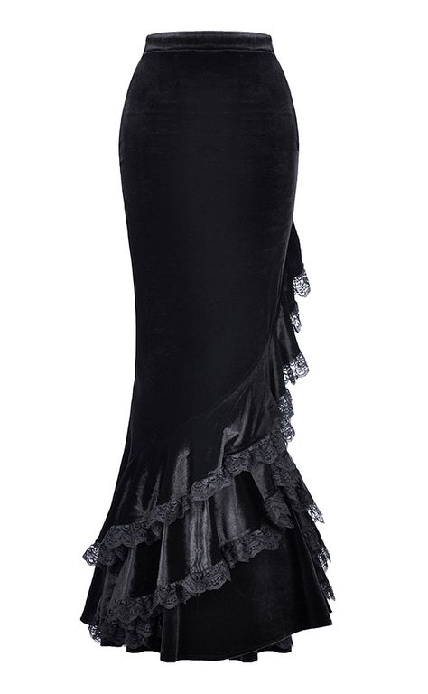 Nouveau produit : Black velvet mermaid skirt with lace ruffles Victorian Gothic darkinlove Vous aimez ? / New product do you like ?  Prix: 59.90  #new #nouveau #japanattitude #jupes #gothique #gothic #elegant #aristocrat #victorien #victorian #chic #skirt #mermaid #tight #frilly #lace #laceup #velvet #romantic #darkinlove #kw156 #lace-up Gothic Skirt, Robes Glamour, Dark In Love, Goth Stuff, Vampire Goth, Goth Clothes, Trad Goth, Gothic Clothes, Romantic Goth