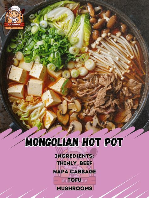 🍲 Dive into the rich flavors of Mongolian Hot Pot! #AsianCuisine #HotPot Mongolian Hot Pot Ingredients: Thinly sliced beef (1 lb) Napa cabbage, chopped (2 cups) Mushrooms, sliced (1 cup) Tofu, cubed (1 cup) Udon noodles (1 package) Beef broth (6 cups) Soy sauce (1/4 cup) Garlic, minced (3 cloves) Ginger, sliced (1 inch piece) Green onions, chopped (1/2 cup) Instructions: In a pot, bring beef broth, soy sauce, garlic, and ginger to a boil. Add beef, cabbage, mushrooms, tofu, and noodles. S... Tofu And Noodles, Hot Pot Ingredients, Soy Sauce Garlic, Beef Cabbage, Garlic And Ginger, Napa Cabbage, Broth Recipes, Udon Noodles, Daily Recipes