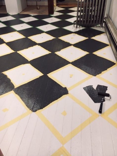 Checkered Floor Painting, Wood Floor Checkerboard, Checkerboard Painted Wood Floors, Painted Flooring Ideas, Black And White Painted Wood Floors, Painted Chequerboard Floor, Painted Diamond Floor, Painted Black And White Floor, Checkerboard Wood Floor