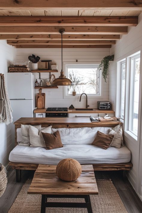 5 Cozy Tiny Home Living Rooms  If you think that style and comfort can only be achieved in spacious areas, prepare to have your ideas transformed. Our latest post reveals the surprisingly cozy and inviting living rooms of five tiny homes, proving size doesn't always matter. Get ready to redefine your concept of living large as…  Read more: https://tastyinteriors.com/5-cozy-tiny-home-living-rooms/ Cozy Tiny Home Interior, Tiny House Lounge Room, One Room Cottage Interior, Studio Cottage Interior, Living Room Campout, Tiny Home Living Room Ideas, Living Room Campout Kids, Tiny House Sectional Couch, Small Cabin Interiors Cozy