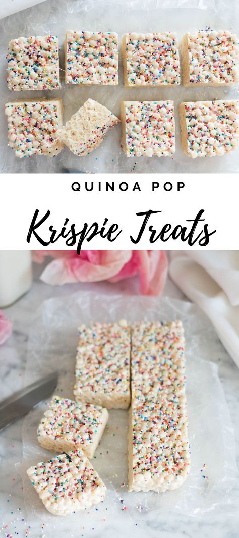 These Easy Quinoa Pop Krispie Treats are far from your average ones! They are made using popped quinoa, marshmallows, and butter. The nuttiness of the popped quinoa balances the sweetness of these treats to create the perfect afternoon snack!  #quinoa #poppedquinoa #snack #treat #pinkdessert #cute #quickrecipe #easyrecipe #3ingredientrecipe #ricekrispietreats Quinoa Baking Recipes, Vegan Quinoa Dessert, Quinoa Recipes Sweet, Quinoa Krispie Treats, Quinoa Rice Crispy Treats, How To Pop Quinoa, Quinoa Snacks Healthy, Quinoa Dessert Recipes Healthy, Healthy Vegan Snack Recipes