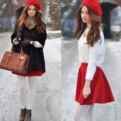 Red Beret Outfit, Koleksi Makeup, Classy Fall Outfits, Parisienne Chic, White Tights, Outfit Plan, Feminine Outfit, Look Vintage, Winter Clothes