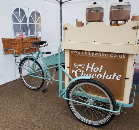 Chilly White Luxury Hot Chocolate Tricycle Hire available for hire at Winter Events in London Hot Chocolate Cart, Event Catering Ideas, Creamy Hot Chocolate, Hot Winter Drinks, Coffee Bike, Tricycle Bike, White Hot Chocolate, Catering Ideas, Cake Factory