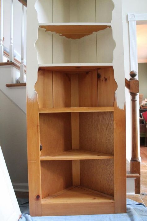 Corner Cupboard in middle of vintage-style makeover (800x1200) Corner Hutch Decor, Corner Hutch Makeover, Corner Cabinet Diy, Stacked Tile Backsplash, Corner Cabinet Makeover, Corner Cabinet Dining Room, Farmhouse Corner Cabinet, Bookshelves Styling, Vintage Corner Cabinet