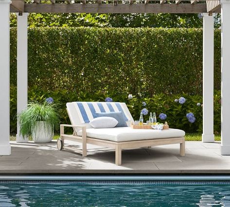 Double Chaise Lounge, Outdoor Paradise, Wooden Wheel, Round Accent Table, Double Chaise, Pool Furniture, Outdoor Chaise, Outdoor Chaise Lounge, Exterior House