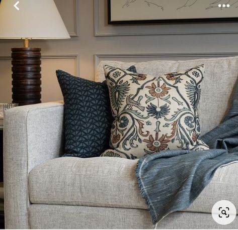 Blue Accents Living Room, Brown And Blue Living Room, Craft Spaces, Black And White Pillows, 20x20 Pillow, Vine Pattern, Neutral Pillows, Creative Craft, Brown Living Room