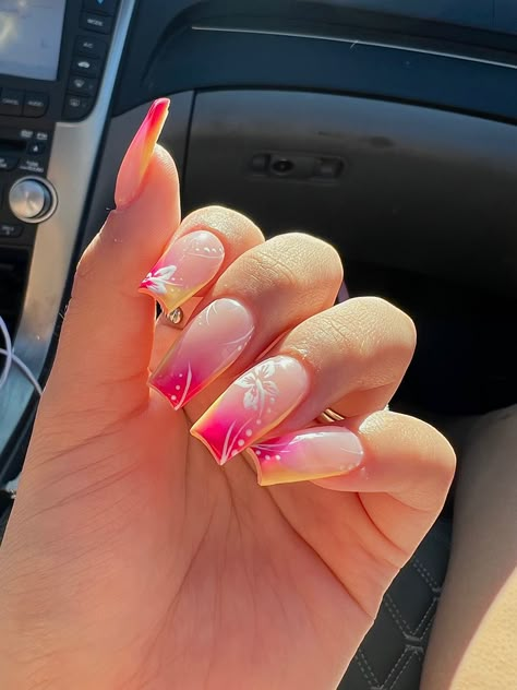 yellow french with airbrushed pink and white flowers 🤍 Pink And Yellow Ombre Nails Acrylic, Vacations Nails Acrylic, Orange And Pink Nail Designs Summer, Pink And Yellow Ombré Nails, Pink On Pink Ombre Nails, Pink White And Orange Nails, Yellow And Pink Ombre Nails, Japanese Nail Art Summer, Summer Nails Colourful