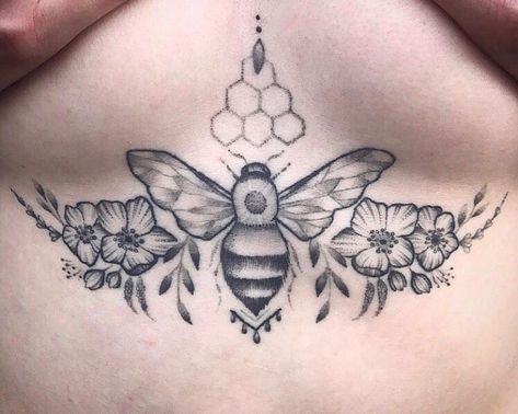 Chest Bee Tattoo, Bee Chest Tattoo, Bee Tattoo Sternum, Bee Underboob Tattoo, Bumble Bee With Flower Wings Tattoo, Baby Owl Tattoos, Skull Butterfly Tattoo, Honeycomb Tattoo, Pen Tattoo