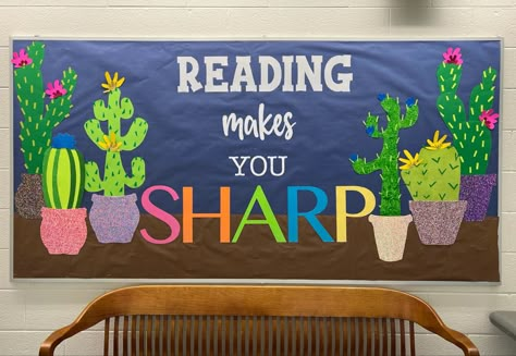 Bulletin Board Reading Theme, Cactus Classroom Door Ideas, Rainforest Bulletin Board Ideas, Bulletin Board Ideas For Reading, Llama Bulletin Board Ideas, Spring Library Bulletin Board Ideas, Bulletin Board Ideas Reading, Bulletin Board Ideas For Library, Elementary Bulletin Board Ideas