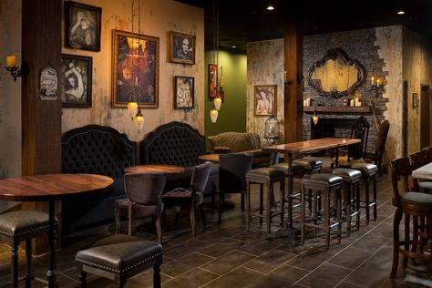 SoCal’s First Witch-Themed Restaurant Casts a Spell | This gothic gastropub is a must for fans of atmospheric dining experiences Goth Coffee Bar, Mini Cafeteria, Hand Painted Table, Themed Cafes, Buena Park, Home Coffee Bar, Bar Set Up, Secret Rooms, Painted Table