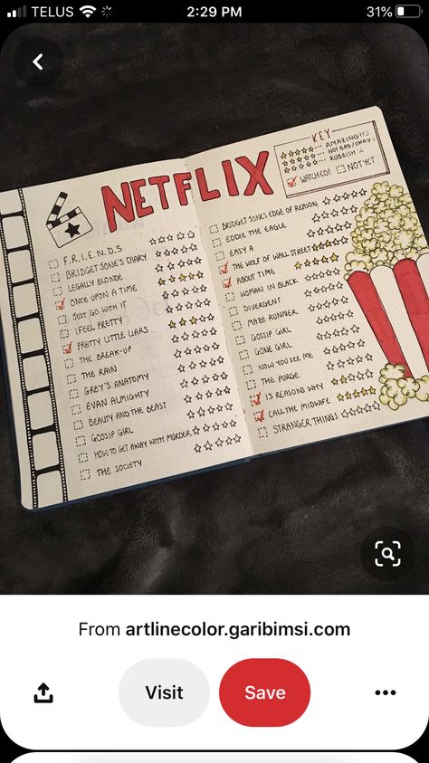 Fav Movie Page Journal, Fav Movies Journal, Bullet Journal Films, Bullet Journal Netflix, Netflix Shows To Watch, Bulletin Journal, Bored Jar, Netflix Movies To Watch, Diy Photo Book