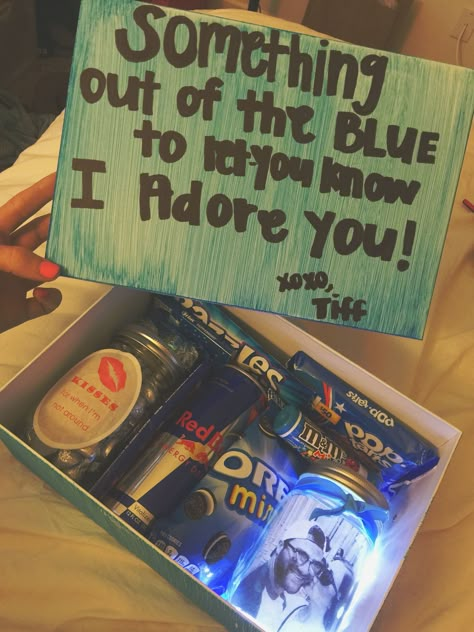 Cute Treats For Boyfriend, Blue Gift Ideas For Him, Cheer Up Gift Ideas, Something Out Of The Blue Gift Basket, Proud Of You Basket For Him, Good Luck Basket For Boyfriend, Blue Box Gift Ideas Boyfriend, Out Of The Blue Gifts For Boyfriend, Cute Just Because Gifts For Him