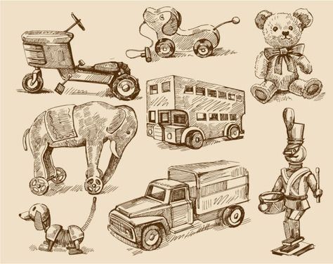 free vector vintage Childrens toys 02 Falcon Illustration, Toys Drawing, Truck Top, Antique Teddy Bears, Illustration Ideas, Drawing Images, Coloring Book Art, Retro Toys, Antique Toys