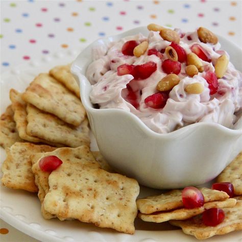 Pomegranate Dip Recipes, Pomegranate Dip, Dips And Spreads, Pomegranate Recipes, Festive Appetizers, Cream Cheese Dips, Cream Cheese Spreads, Toasted Pine Nuts, Spread Recipes