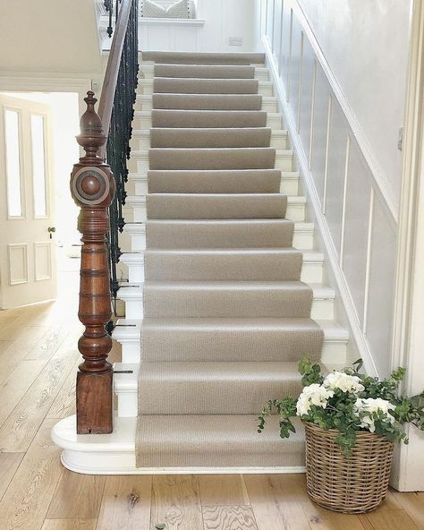 Stair carpet ideas White Stairs With Carpet Runner, Staircase Ideas Carpeted, Staircase Runners, Painted Steps, Grey Stair Carpet, Victorian Stairs, Stairway Carpet, Victorian Staircase, Hallway Lights