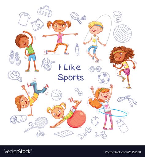 Sports Day Poster, Sports Illustrations Art, Sports Cartoon, Daily Routine Activities, Sports Vector, Sports Drawings, Sports Items, Funny Cartoon Characters, Kids Gym