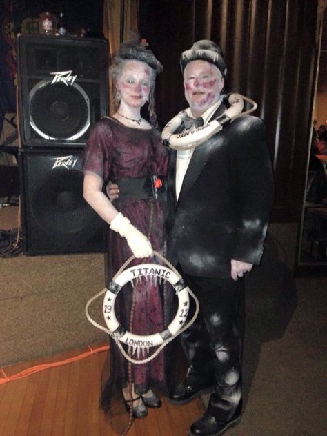 Titanic couple, by Gretchen Titanic Halloween Costume Couple, Titanic Halloween Costume, Titanic Ghost Costume, Titanic Survivor Costume, Titanic Cosplay, Rose And Jack Titanic Costume, Rose Titanic Costume, Rose Halloween Costume Titanic, Homeade Halloween Costumes