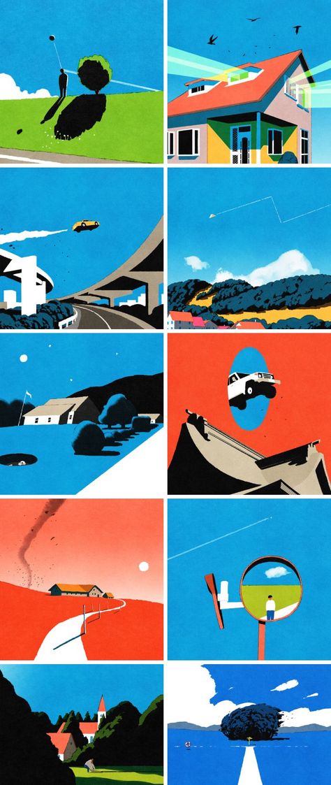 Paintings with Limited Colors by Kento IIDA Hometown Paint Colors, Artsy Graphic Design, Kento Iida, City Scape Illustration, Ground Illustration, Scene Sketch, Painting Animation, Story Illustration, Classic Illustration