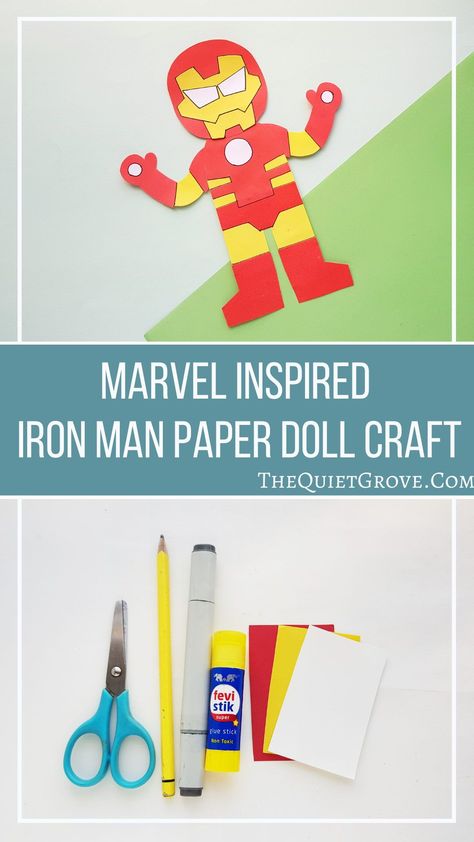 Celebrate your love of Marvel Avengers with this fun Iron Man Paper Doll craft. (with free printable doll template). #IronMan #MCU #Ironmancraft #paperdoll Iron Man Pumpkin, Man Body Parts, How To Make Iron, Paper Doll Craft, Doll Template, Glove Pattern, Man Crafts, Fun Arts And Crafts, Paper Doll Template