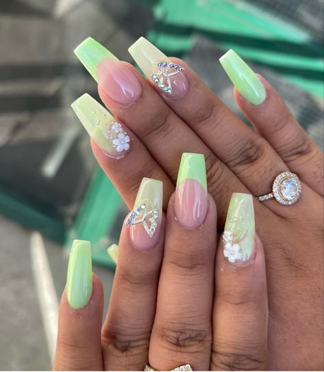 Green Nails Sweet 16, Mint Green Nail Design Ideas, Sage Green Prom Nails Acrylic, Short Gel Nails With Charms, Sage Green Nails With Butterflies, Sage Green Fairy Nails, Princess Tiana Nail Ideas, Light Green Birthday Nails, Cute Lime Green Nails