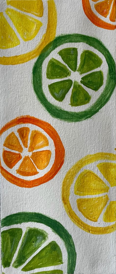 Fruit Aesthetic Painting, Lemon And Lime Drawing, Lime Paintings Easy, Cute Lemon Painting, Mini Fruit Painting, Lemon And Lime Painting, Painted Lemon Slice, Simple Lemon Painting, Painting Lemons Easy