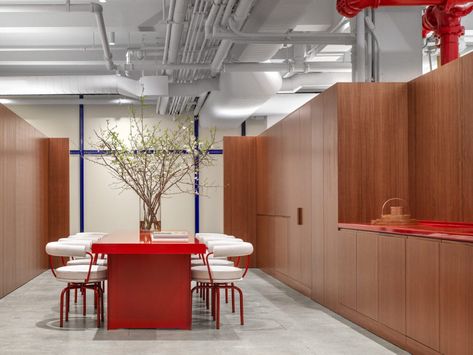 Week of December 9, 2019 - Sight Unseen Wood Panelled Walls, Panelled Walls, Wooden Panelling, Casa Cook, New York Office, Timber Panelling, Sight Unseen, Wooden Cubes, Red Chair