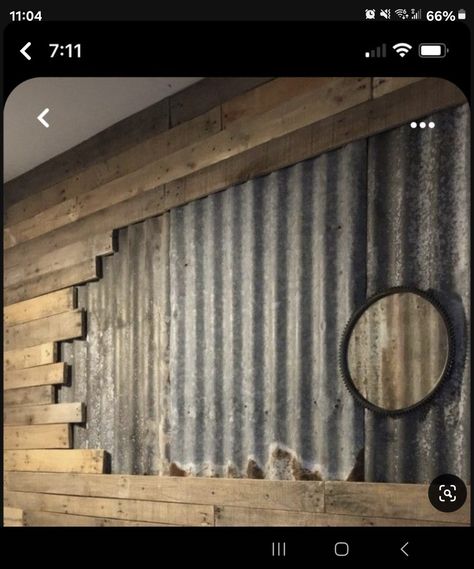 Corrugated Metal With Wood Trim, Metal Sheeting Walls, Corrugated Metal Interior Walls, Rusty Tin Walls, Rustic Tin Bathroom Ideas, Rustic Tin Walls Ideas, Corrugated Tin Bathroom, Basement Farmhouse Style, Corrugated Metal Decor