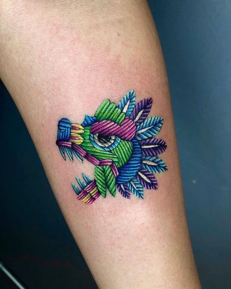 colorful-embroidery-tattoo-alicia_casale Mexican Embroidery Tattoo, Embroidery Tattoo Ideas, Quetzalcoatl Tattoo, Cross Stitch Tattoo, Tattoo Embroidery, Mexican Tattoo, Filigree Tattoo, Mexican Art Tattoos, Embroidery Tattoo