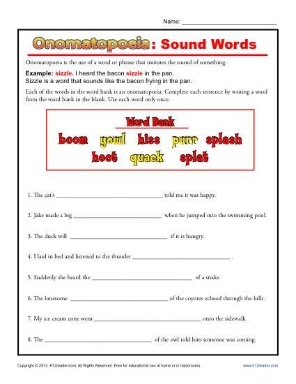 Onomatopoeia Sound Words - Free, Printable Worksheet Lesson Activity Onomatopoeia Worksheets, Sound Devices In Poetry, Onomatopoeia Activities, Figurative Language Lessons, Poetry Worksheets, Figurative Language Worksheet, Language Worksheets, Sound Words, Literary Devices