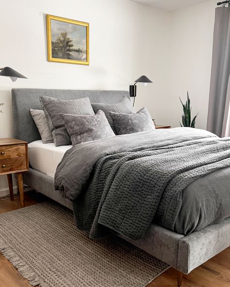 Earth Tone Bedroom Grey Bed, Grey Velvet Bedding, West Elm Andes Side Storage Bed, Grey Fabric Bed Bedroom, Neutral Bedding Gray Headboard, Bedroom With Grey Bedding, Gray Bed Comforter Ideas, Bedroom With Dark Bedframe, West Elm Bedding Ideas