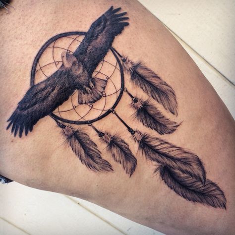 #Dreamcatcher piece done on the side of a thigh. #Eagle #Tattoos Eagle Dream Catcher Tattoo, Canada Tattoo, Owl Dream Catcher, Side Thigh Tattoos, Tattoo Thoughts, Dream Catcher Tattoo, Cool Tattoo Ideas, Eagle Tattoos, Eagle Tattoo