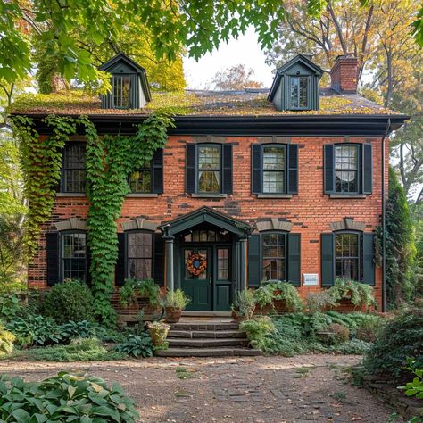 Rustic Red Brick Harmonized with Sage Green for Traditional Home Appeal • 333+ Images • [ArtFacade] Classic Red Brick House, 2 Story Brick House Exterior Makeover, Red Brick Green Trim, Red Brick And Black House, Brick House Green Shutters, Green Shutters Brick House, Brick House With Porch, Red Brick Homes Exterior, Brick Cottage Exterior