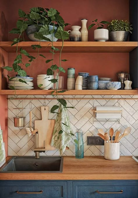 Dark And Moody Small Space, Jewel Tone Backsplash, Kitchen With Floating Wood Shelves Modern, Small House Interior Design Boho, Kitchen Shelf Display Ideas, Small Dining Room Inspiration Cozy, No Cupboards In Kitchen, Kitchen Ideas Countertops, Boho Apartments