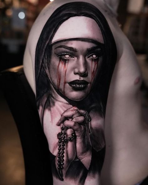 Hyeongho Jackson Choi on Instagram: "A nun🙏🏼✝️ Left one more session to go🔥 Powered by @quantumtattooinks @colordragonneedles @migasupply" Scary Nun Tattoo, Demonic Nun Tattoo Design, Nun Tattoo, Australian Tattoo, Tattoo Artist Tattoo, Girl Face Tattoo, Realistic Tattoo Sleeve, Evil Tattoos, Hand Tattoos For Girls