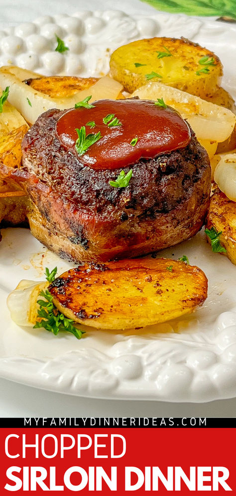 Bacon wrapped chopped sirloin dinner Bacon Wrapped Sirloin Steak, Easy Steak Dinner Recipes, Chopped Steak Recipes, Sirloin Steak Recipes, Steak Dinner Recipes, Chopped Steak, Comfort Casseroles, Savory Dinner, Sirloin Steak