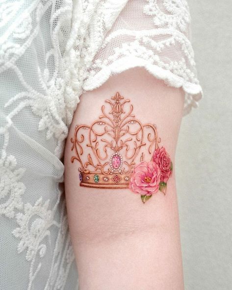 Royalty Tattoo For Women, Floral Crown Tattoo, Tiara Tattoos For Women, Crown Tattoo Design For Women, Crown With Flowers Tattoo, Princess Crown Tattoo, Crown Tattoo Ideas, Tiara Tattoo, King Crown Tattoo