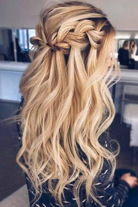 wedding hairstyles half up half down with curls and braid waterfall on long blond hair verafursova via instagram Waterfall Braids, Ball Hairstyles, Wedding Hairstyles Half Up Half Down, Wedding Hair Down, Half Up Half Down Hair, Half Up Hair, Long Blonde Hair, Wedding Hair And Makeup, Long Curly Hair