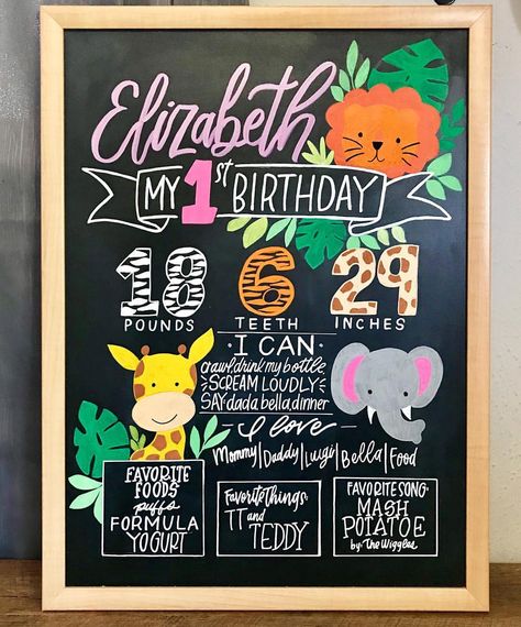 Safari themed 1st birthday chalkboard 🦁🦒🐘 . . . . . . . . #safari #safaritheme #oneyearold #birthday #birthdaygirl #happybirthday #girlmom… Safari Chalkboard Sign, 1st Birthday Chalkboard, Chalkboard Birthday, Themed 1st Birthday, Safari Birthday Party, Jungle Birthday, Chalk It Up, Birthday Chalkboard, Safari Birthday