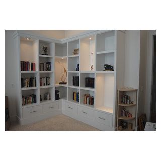 Corner Built In, Library Project, Contemporary Home Office, Home Library Design, Drawer Shelves, Built In Cabinets, Library Design, Built In Shelves, Home Library