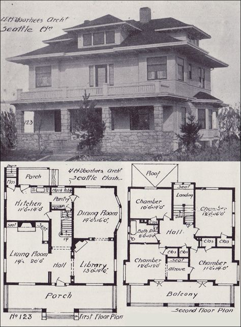 1908 Western Home Builder - Prairie Box House Plan - Seattle Vintage Homes - Design No. 123 - V.W. Voorhees American Foursquare House, Foursquare House, Four Square Homes, Square House Plans, American Foursquare, Vintage Floor Plans, Square House, Vintage Homes, Prairie House