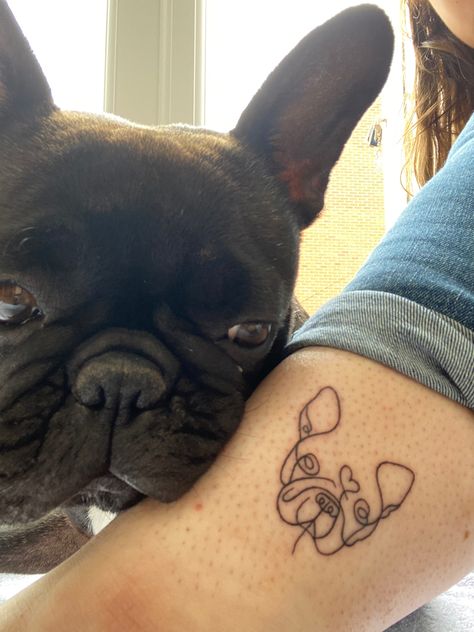 Fine Line Beagle Tattoo, Bulldog Line Drawing, Frenchie Tattoos, Frenchie Christmas, Tatoo Dog, French Bulldog Drawing, Line Drawing Tattoos, French Bulldog Tattoo, Pug Tattoo