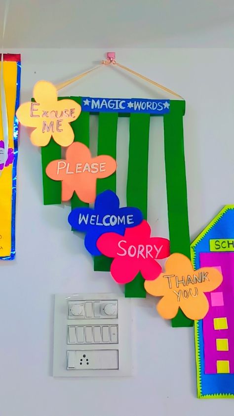 Polite Words Magic Words Chart, Magic Words Chart For Preschool, Magical Words Chart For Kids Classroom, Magic Words For Kids Classroom, Magic Words Classroom Decoration, Polite Words, Nursery Class Decoration, School Wall Decoration, Preschool Fine Motor Activities