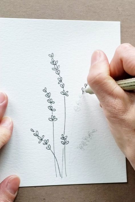 Watercolour Lavender Tutorial, Micron Pen Art Flowers, How To Draw Lavender, Lavender Line Drawing, Lavender Line Art, Lavender Sketch, Flowers Drawing Watercolor, Draw Lavender, Watercolor And Pen Art