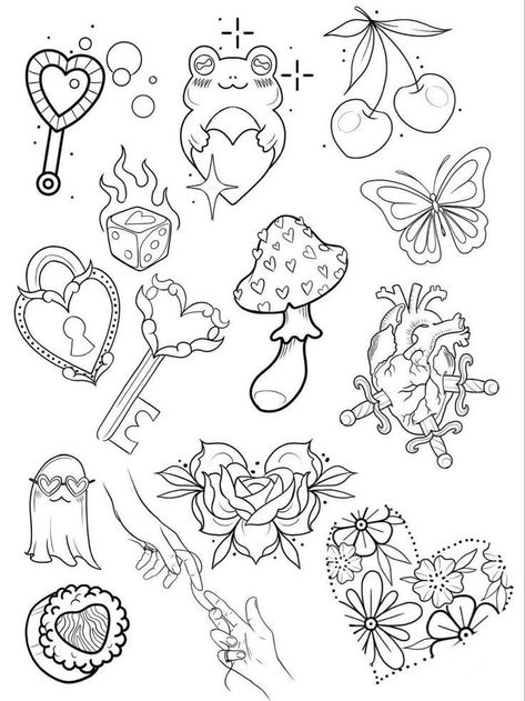 Flash Art Ideas, Knee Tattoo Ideas Design, Beginner Tattoos Stencils, Mushroom Tattoo Flash Sheet, Mushroom Flash Sheet, Tattoo Outline Designs, Tattoo Stencil Outline Simple, Girly Tattoo Flash Sheet, Tatted Baddies