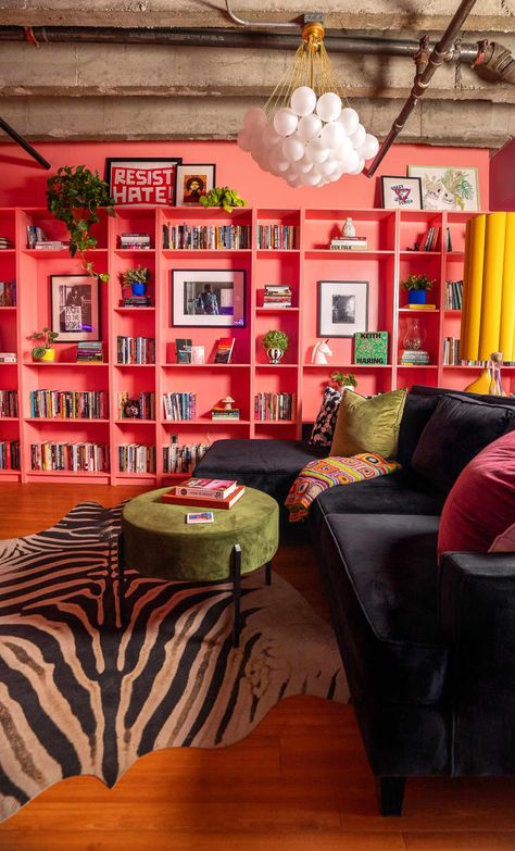 Plain Living Room, Colorful Loft, Billy Bookshelves, Pink Bookshelves, Grand Library, Magical Cottage, Bookshelf Wall, Ikea Bookshelves, Ikea Billy Bookcase