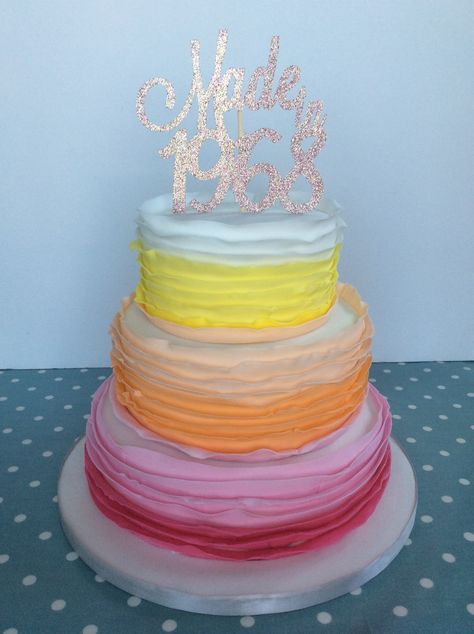 Multi coloured ruffle 3 tier birthday cake Multi Colour Cake, 3 Tier Birthday Cake, Tier Birthday Cake, Tiered Cakes Birthday, 60 Birthday, 18th Birthday Cake, 18th Birthday, 60th Birthday, Birthday Cakes