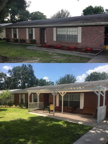 The front of my house needed a drastic facelift and some curb appeal. I really disliked how plain it looked, so this is what I came up with. Staining the brick, adding fresh landscaping and a newly built front porch pergola really seemed to do the trick. Hope you enjoy! These first two pictures are before. Very plain and unappealing. Before: Pic 2 I used a semi-transparent concrete stain (English Brick) from Home Depot to give the brick some life again. He Front Porch Pergola, Garden Pergolas, Porch Pergola, Pergola Diy, Building A Porch, Diy Front Porch, Pergola Attached To House, Pergola Design, Pergola Canopy